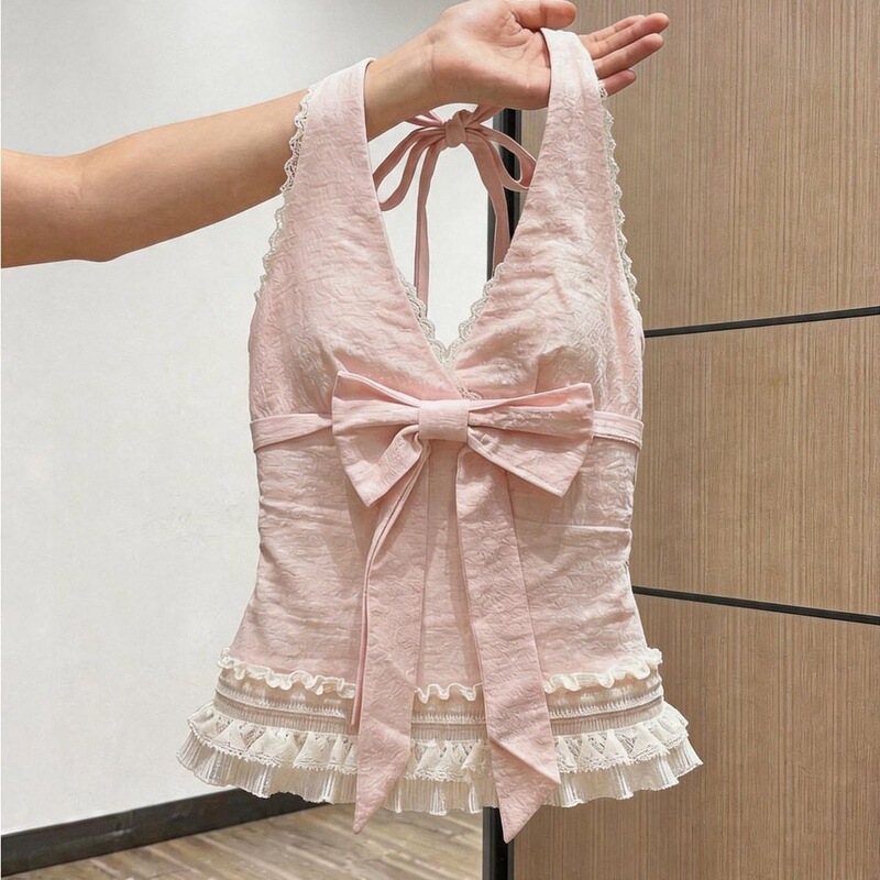 [Official Image Original Fabric] Lace Bow Tie Waist-Cinching Halter Neck Camisole for Women, Unique and Beautiful Summer Top