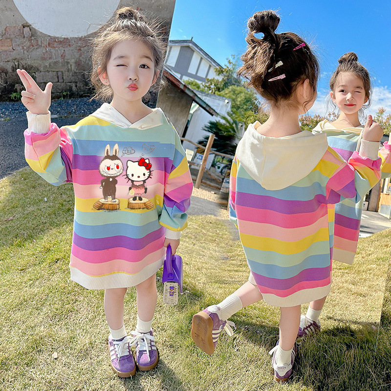 女童卫衣裙2025春装新款女宝宝韩版洋气中长款彩虹条纹儿童拉布布|undefined