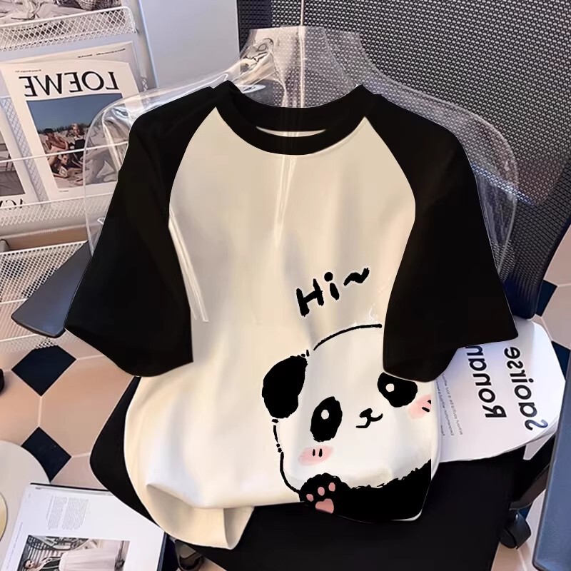 2026 Summer New Style Panda Pattern Pure Cotton Color-Blocked Short-Sleeved T-Shirt for Women, Loose Large Size Niche Design Top 2026 Summer New Style Panda Pattern Pure Cotton Color-Blocked Short-Sleeved T-Shirt for Women, Loose Large Size Niche Design Top