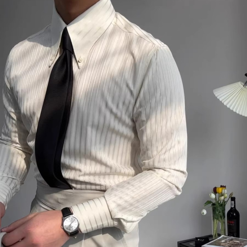 Casual Business Pointed Collar Striped Shirt Light Apricot Retro Button Collar Slim Shirt Fashionable Gentleman Style Trendy Casual Business Pointed Collar Striped Shirt Light Apricot Retro Button Collar Slim Shirt Fashionable Gentleman Style Trendy
