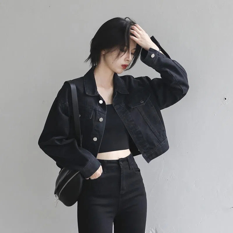 2024 New Early Spring Retro Street Loose Black Short Denim Jacket Women's Easiest for Match Jacket Long Sleeve Top