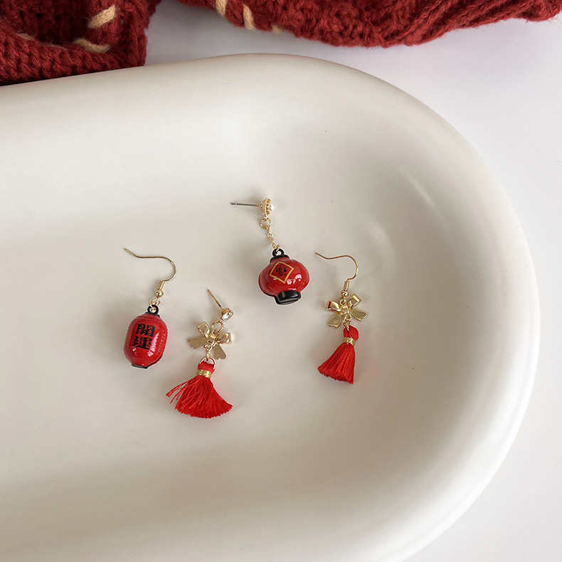 Red Chinese New Year Lantern Bow Tassel Earrings display picture 2