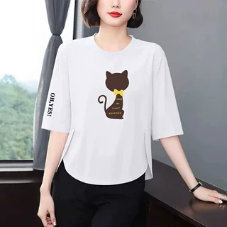 妈妈装猫咪印花七分袖T恤女宽松显瘦遮肉洋气减龄百搭中年上衣