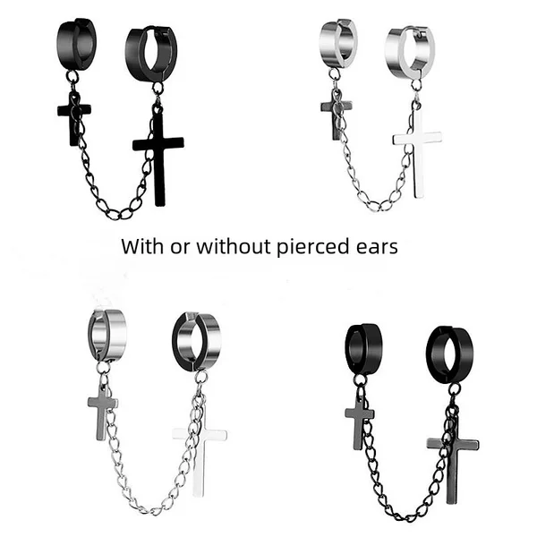 Stainless Steel Double Ear Buckle Tassel Chain Personalized Double Cross Trendy Unisex Ear Clip Earrings Wholesale in Stock