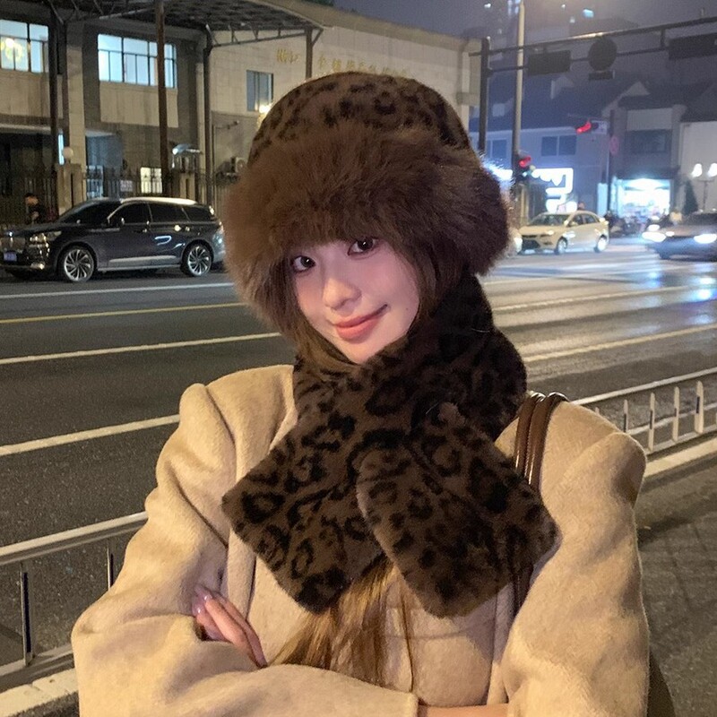 批发豹纹蒙古帽子毛绒小熊帽子女秋冬季仿水貂渔夫帽百搭围巾围脖|undefined