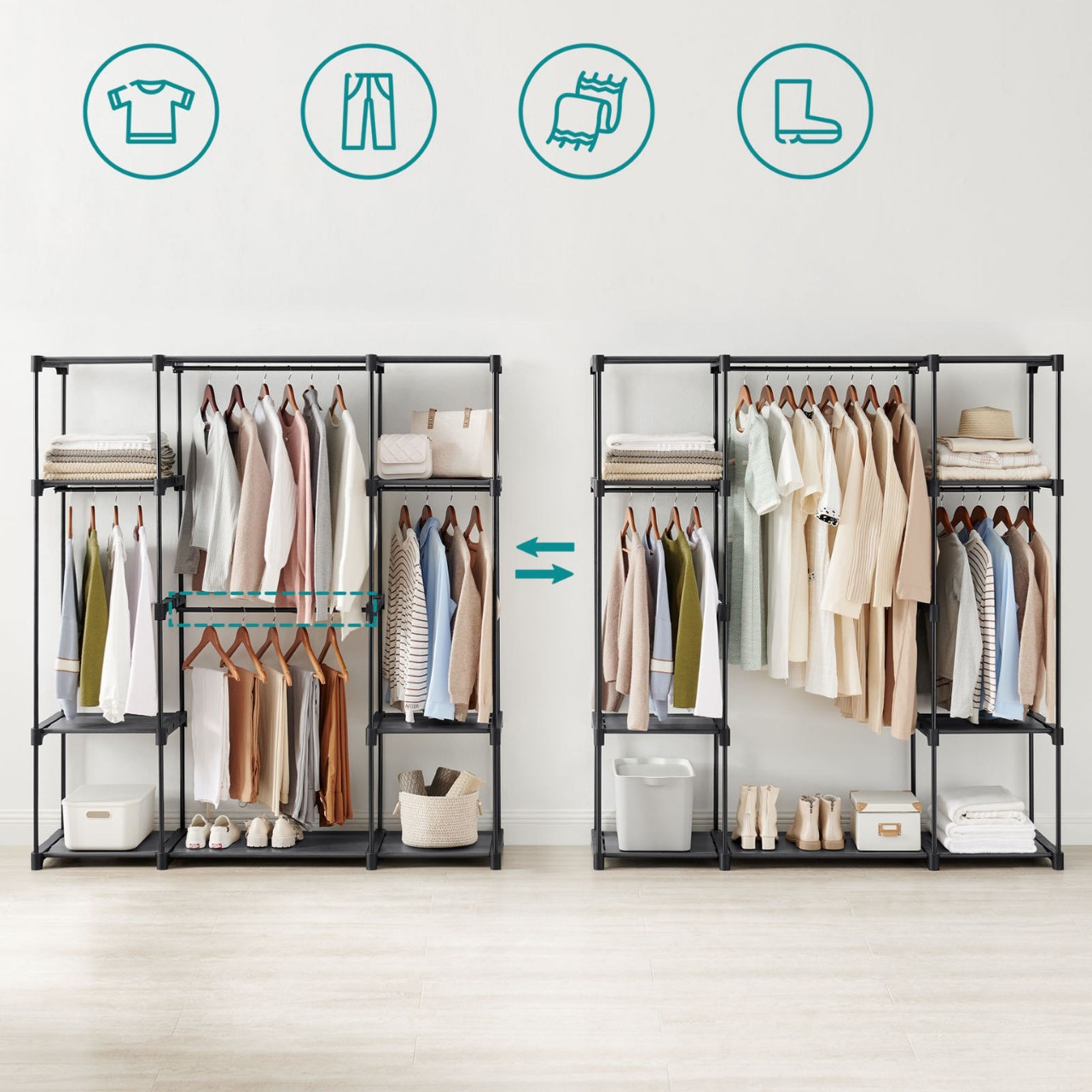 El mejor modelo de venta simple y multifuncional estante de ropa de dormitorio armario independiente portátil plegable percha de ropa