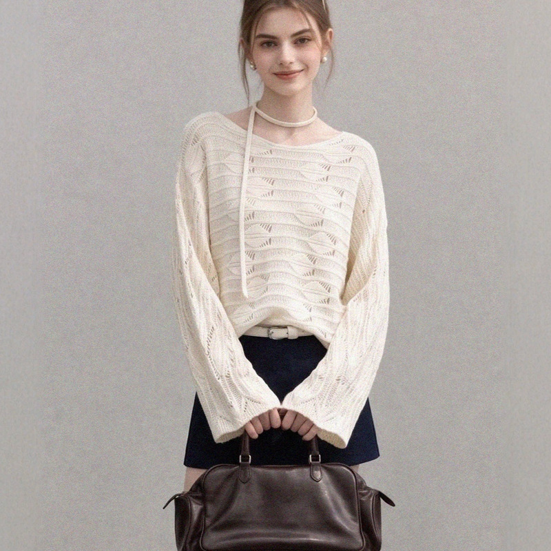French-style casual hollow-out knit sweater, long-sleeved loose feather-patterned cable-knit cardigan for women, wool blend with a relaxed feel