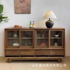侘寂风老榆木餐边柜家用客厅餐具茶具玻璃透明储物柜民宿玄关柜