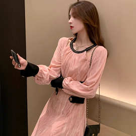 JK0705小香风丝绒连衣裙女春季2025新款法式气质名媛高端长裙