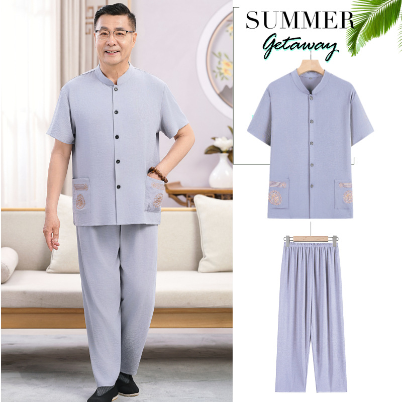 Summer Tang Suit Men's Suit Middle-aged and Elderly Short-sleeved Cardigan Chinese Style Dad Suit Summer Suit Father Grandpa Old Man Clothes