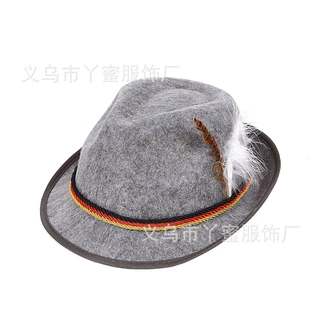 亚马逊厂家德国灰色毛毡爵士帽 狂欢节毛毡无纺布羽毛帽 舞台礼帽