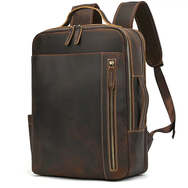 Retro First-Layer Cowhide Men's Backpack Crazy Horse Leather Large-Capacity Business Backpack 16inch Casual Leather Travel Bag