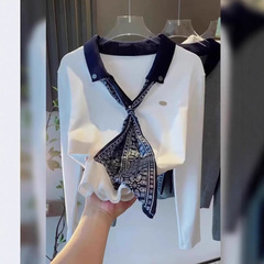 撞色翻领长袖T恤2025年秋季女装新款印花丝巾系带设计感绝美上衣