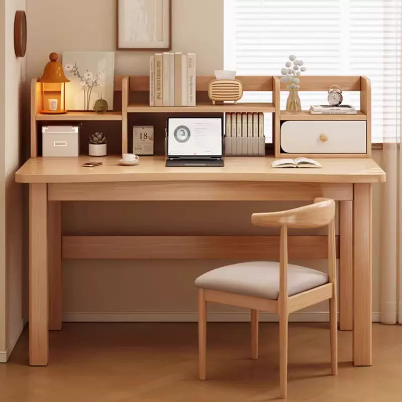 实木腿书桌书架一体桌家用学生学习桌卧室小户型电脑桌写字桌子