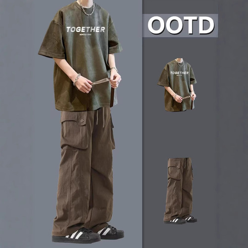 Men's Summer Small Sweet Potato Short Sleeve T-Shirt Set with Streetwear Jeans Loose and Stylish Boy Outfit