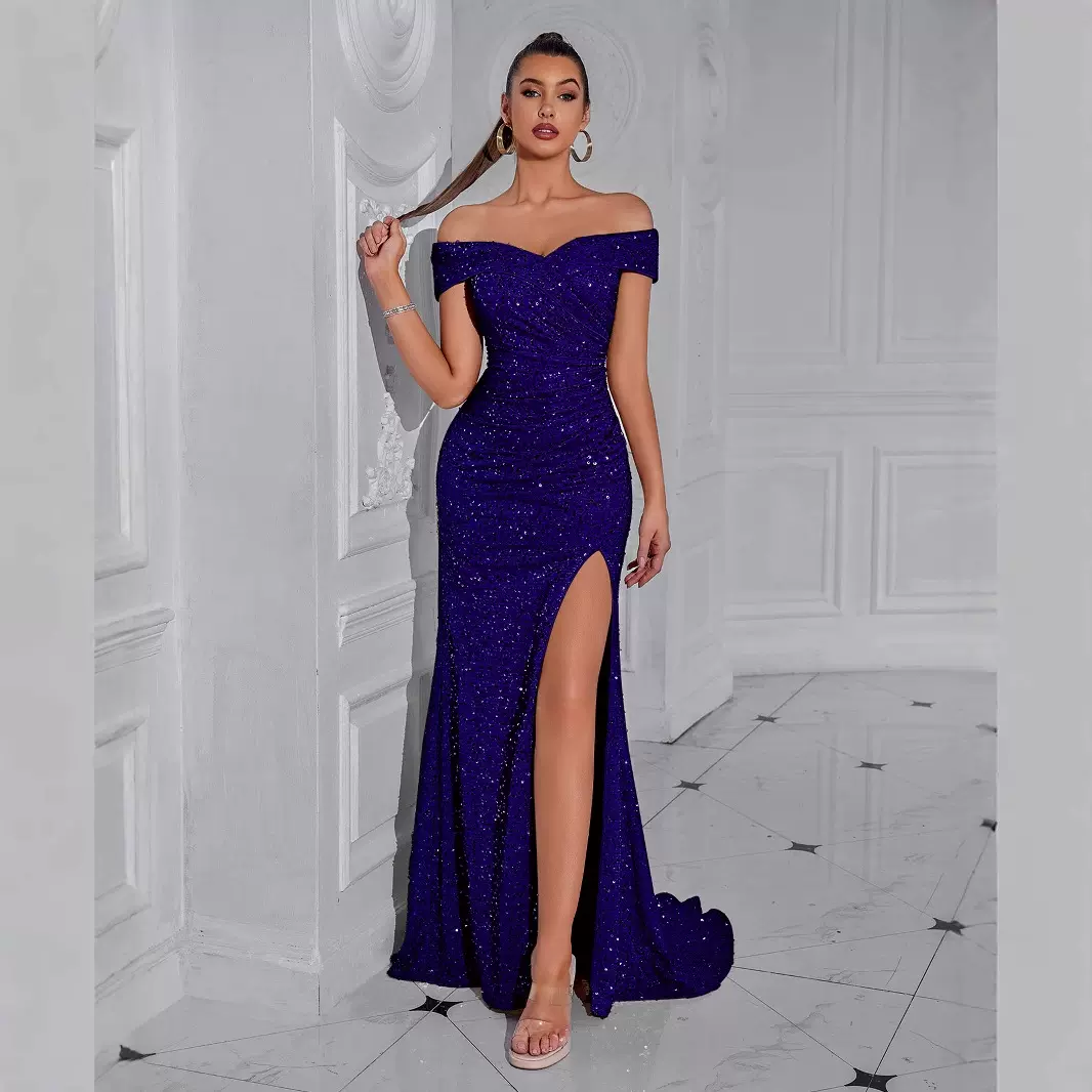 欧美跨境亚马逊新款派对晚礼服聚会亮片一字领开叉连衣裙敬酒礼服