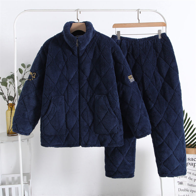 Winter Three-Layer Home Cotton-Padded Pajamas for Men, Fleece-Lined, Thickened, Loose Fit, Large Size, Mid-Length, Flannel, for Middle-Aged and Elderly People Winter Three-Layer Home Cotton-Padded Pajamas for Men, Fleece-Lined, Thickened, Loose Fit, Large Size, Mid-Length, Flannel, for Middle-Aged and Elderly People