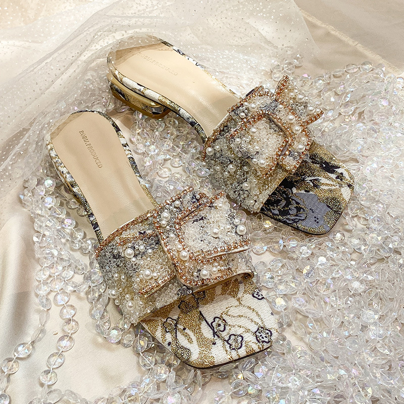 Damessandalen met dikke hak, strasssteentjes, platte teenslippers, zomerse mode bovenkleding_voghion.com