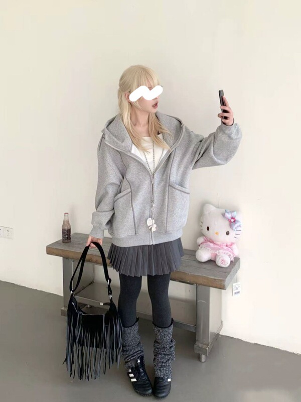灰色卫衣外套女连帽美式大口袋上衣宽松秋冬季2025新款男女同款|undefined