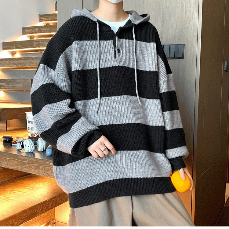 Cross-Border New Autumn and Winter Men's Fashion Wide-Striped Half-Tie Long-Sleeve Top Button-Up Hooded Chunky Knit Os Pullover Sweater