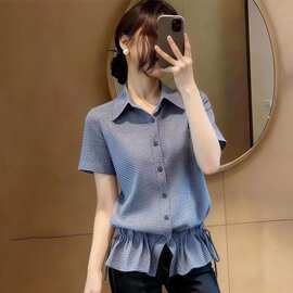 山力达迪美式格纹裙摆抽褶系带polo领衬衫2026夏季大码胖mm宽松设