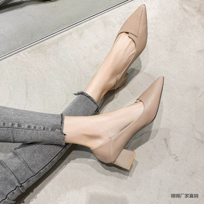 Туфли с мелким ртом женские средние каблуки 2024 новые весенние дикие туфли на высоком каблуке толстые каблуки заостренные черные мягкие подошвы