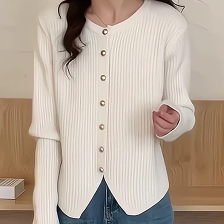 Корейский стиль ретро вязаный кардиган для женщин 2025 осень и зима новый стиль высококлассный стиль стройный однотонный длинный рукав короткий свитер