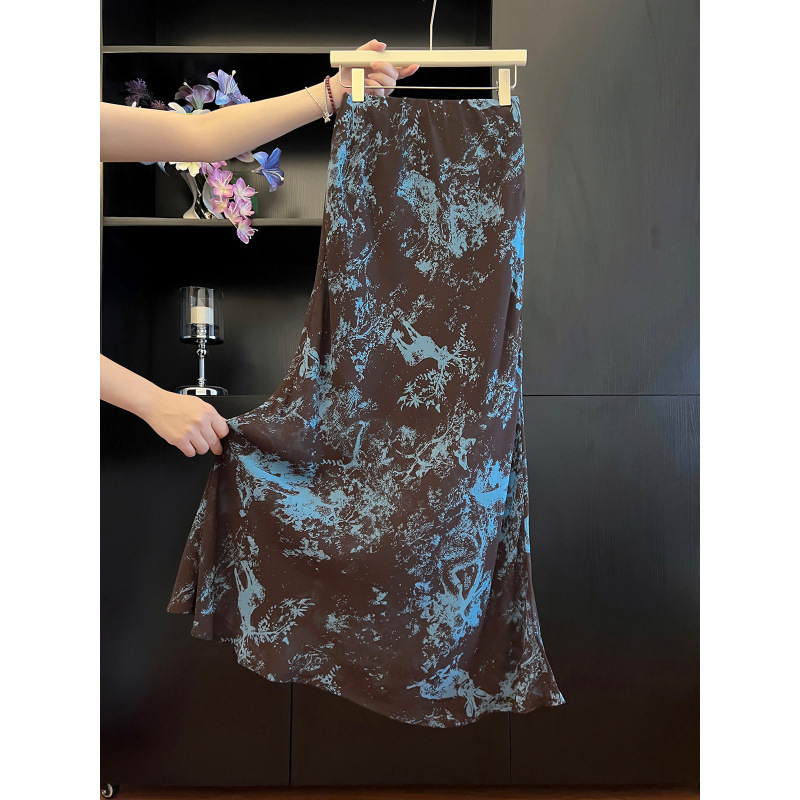 Three Complete Standards, Tmall Quality, Five-Line Hemming, Smudged Printed Thin Bias-Cut Fishtail Skirt