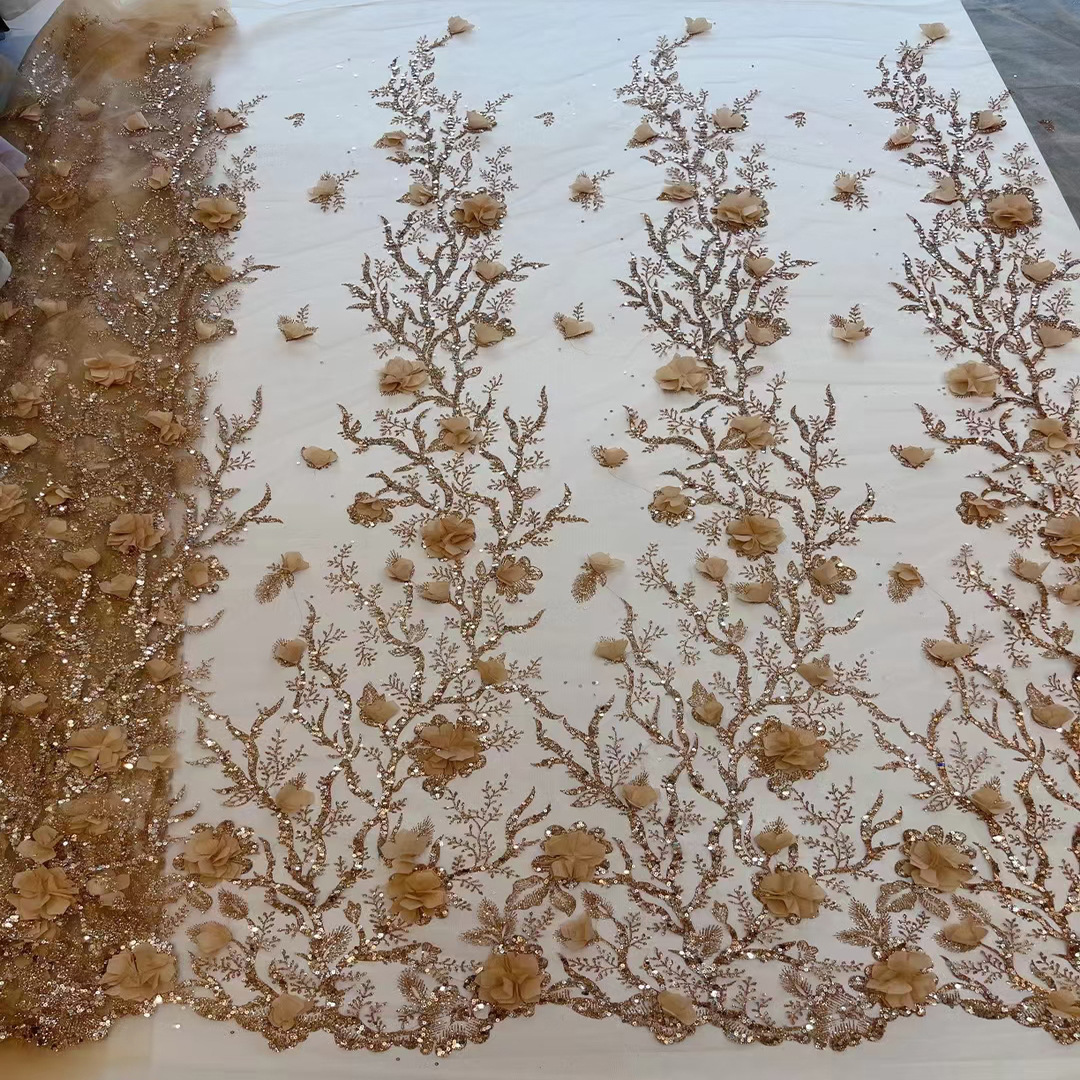 Vestido de novia de tela tridimensional flor lentejuelas posicionamiento bordado encaje europeo y americano malla bordado vestido de tela JX1914