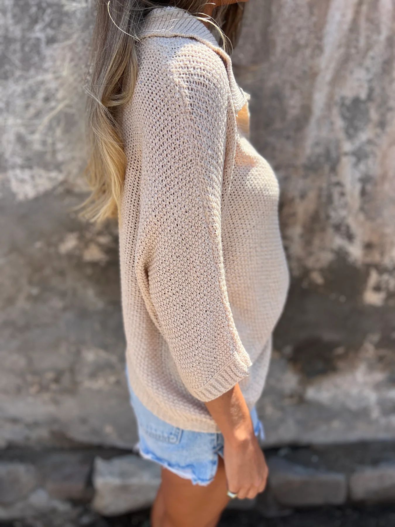 Damen-Sommer-Strickpullover mit Kragen, Dreiviertelärmeln, einfarbig_voghion.com