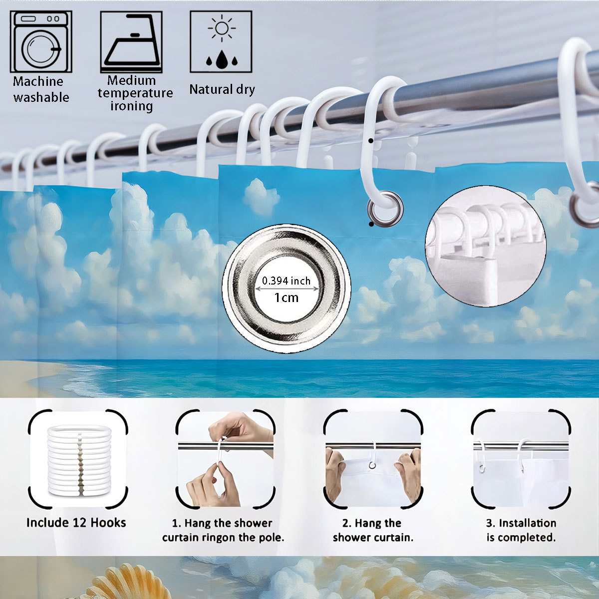 Mei Ke más cortina de baño impermeable serie de paisaje de playa impresión digital poliéster cortina de baño cuatro piezas un conjunto de cabello