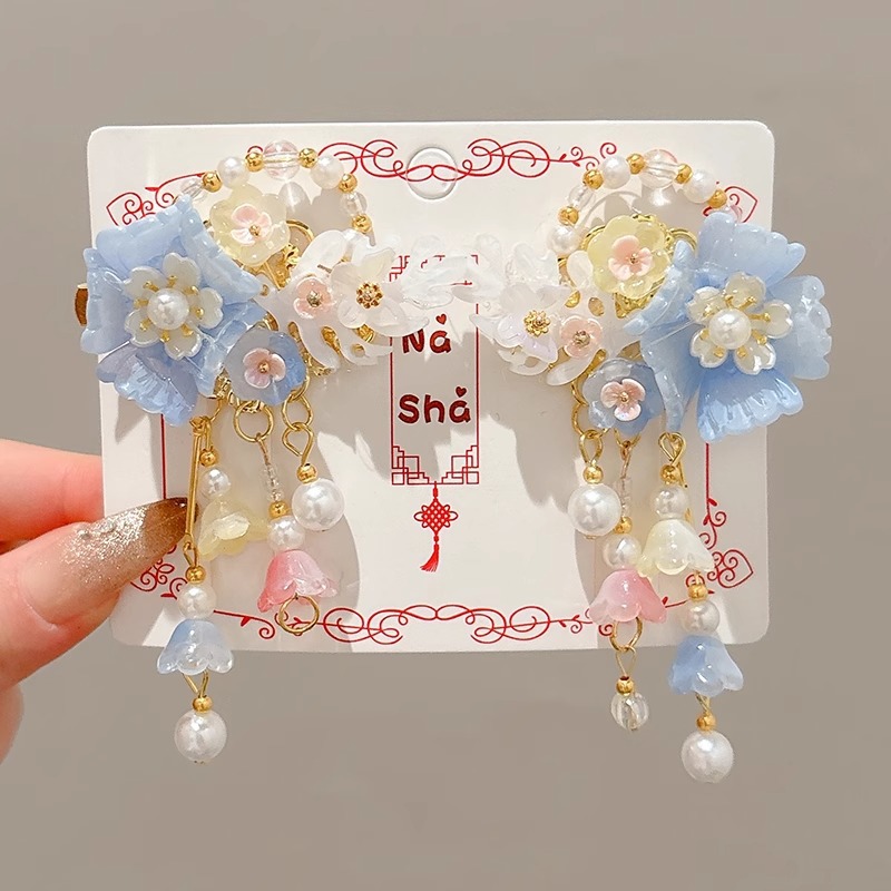 Niños flores de perlas para el cabello de mujeres estilo antiguo estilo Han toque de cabello de niña super inmortal estilo nacional tarjeta de cabello de niña pequeña para el cabello de clips