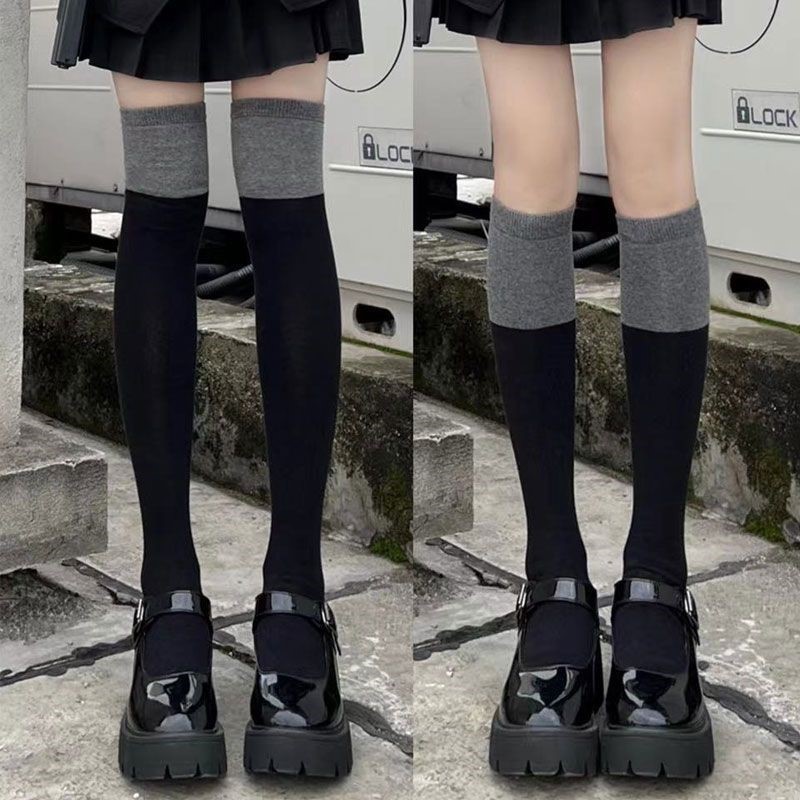 黑灰拼色過膝襪子女秋冬款中筒黑色小腿襪純欲風高筒過膝長筒襪子