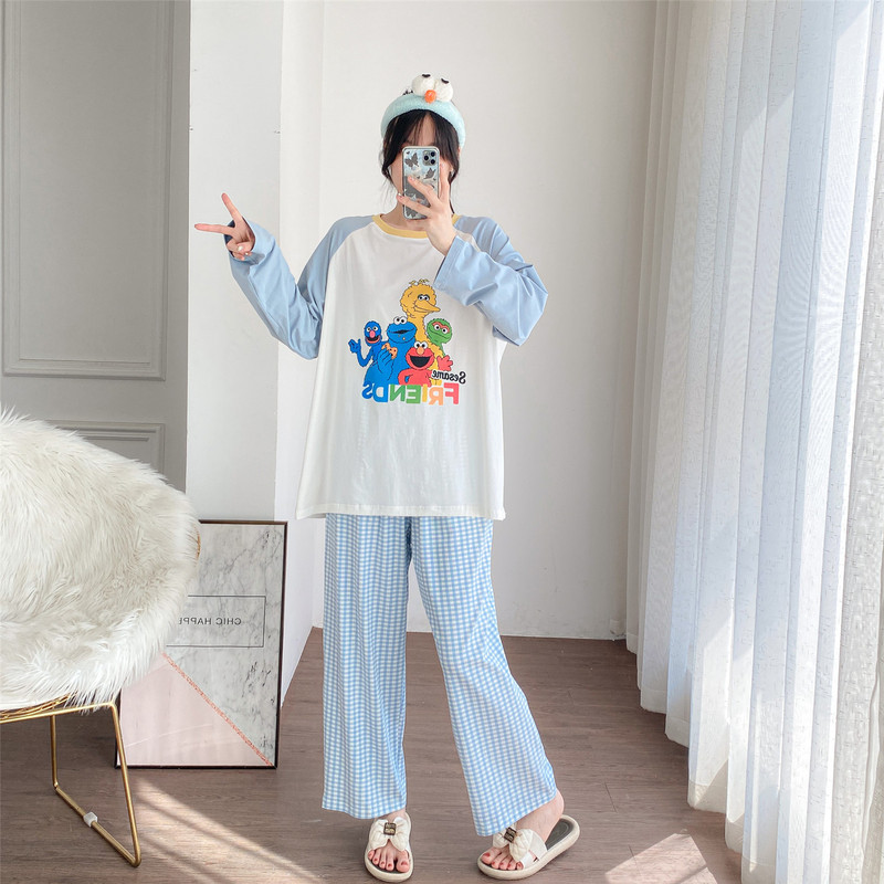 Long Sleeve Pajamas Women's Pullover Sweet and Cute Cartoon Sesame Street Home Clothes Large Size 100kg Plaid Trousers Set