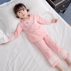 2025年秋向け女の子用チャイナ風薄手パジャマ、純綿ツーピースセット、春用、3～5～6～7歳、8歳