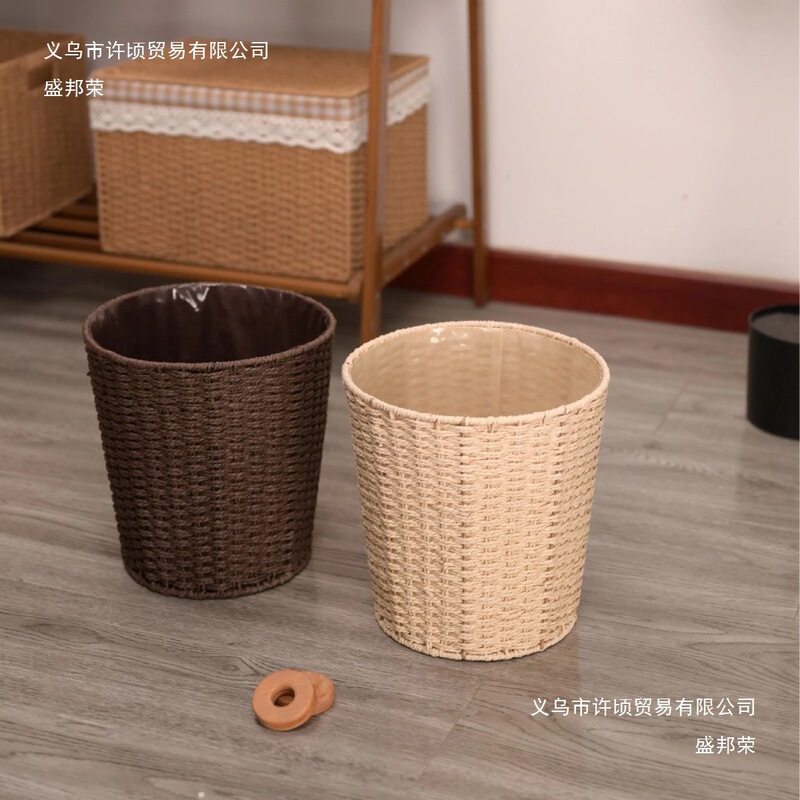 Factory Direct Sale Rattan Waste Paper Basket Office Trash Can Vintage Japanese Style High Aesthetic Storage Basket