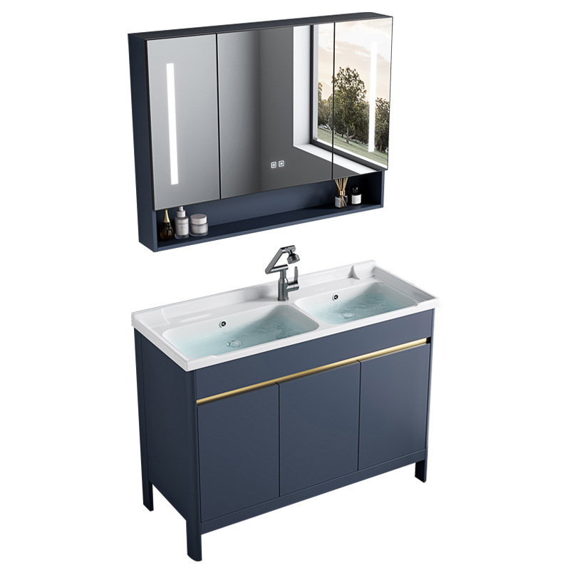 Armario de baño de aluminio espacial, mesa de lavado combinada, lavabo doble integrado de cerámica, mesa de lavado de lujo ligera, baño, piso al aire libre