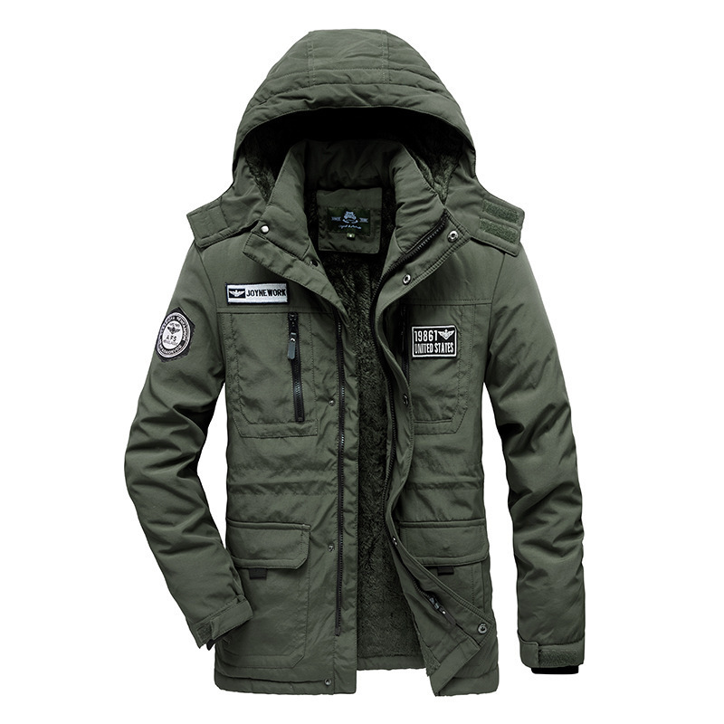 [807A] fleece-lined thick warm cotton-padded jacket multi-pocket cold-proof men's jacket mid-length hooded plus size cotton-padded coat