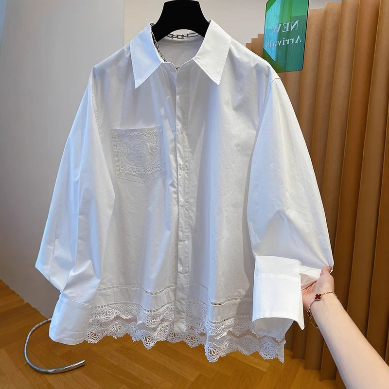 Jing Yi Xuan senior designer! good wear effortless! Stitching White Lace Cotton Shirt Top for Women