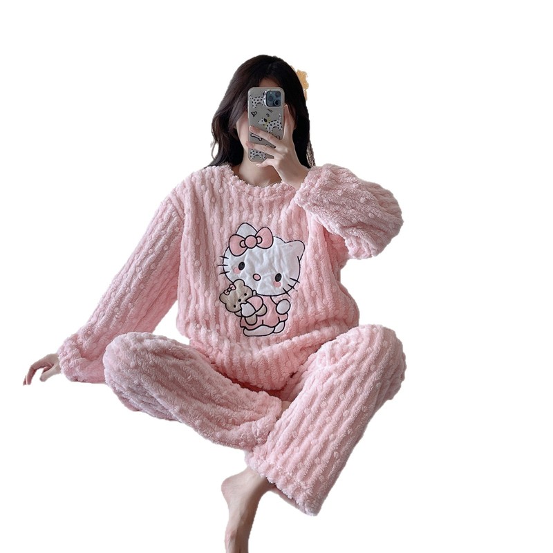 卡通猫珊瑚绒睡衣女2025冬季新款加绒加厚家居服冬季保暖长袖套装|undefined