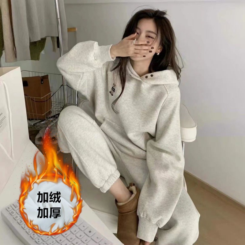 加绒休闲运动服套装女秋冬季韩版宽松时尚洋气简约卫衣休闲两件套