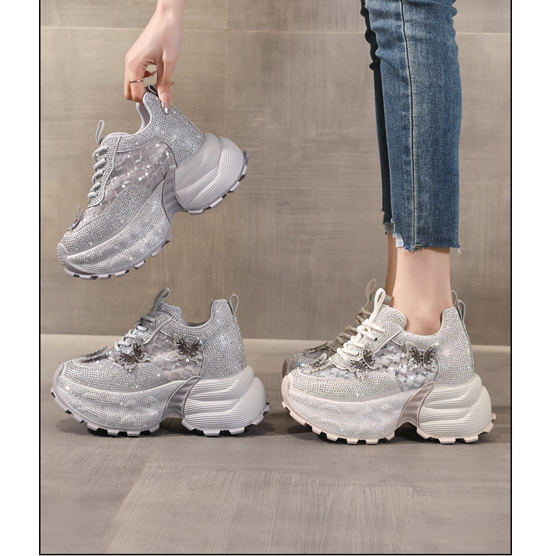 Giày sneaker nữ chunky đế dày đính đá pha lê thời trang — màu be chi tiết 17
