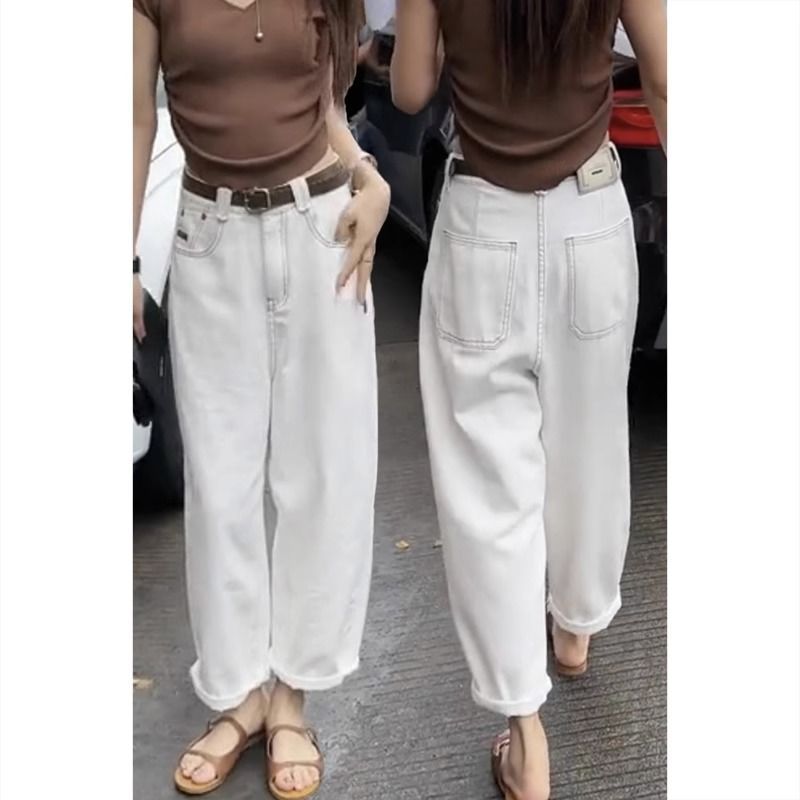 白枕鹤白色哈伦牛仔裤子女夏季新款薄款萝卜裤胖大码八分裤显瘦