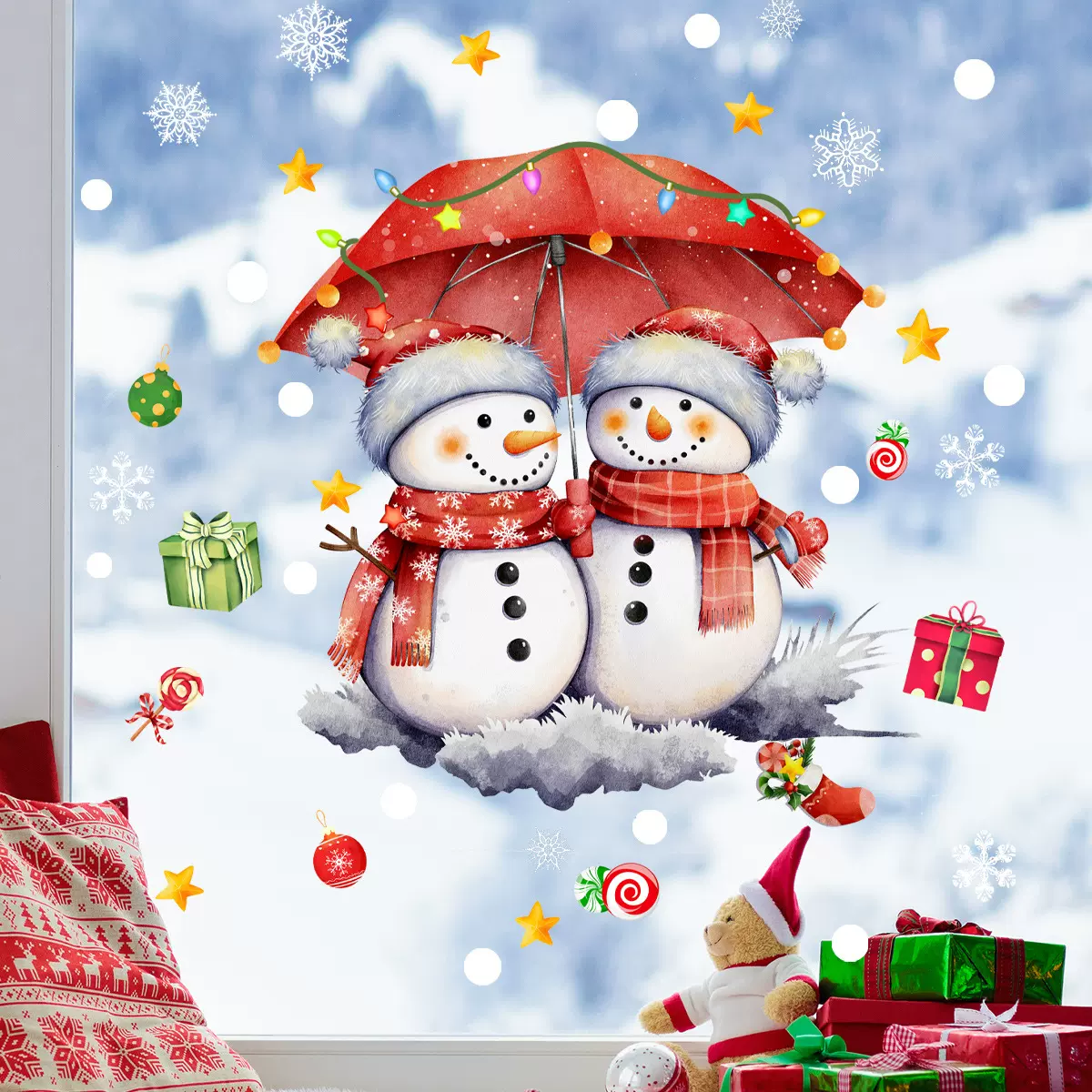 多种冬日创意企鹅小鸟雪花圣诞礼物静电玻璃贴窗户双面可视墙贴