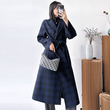 意大利d家走秀款羊绒羊毛手工大衣大气高级感格子长款宽松系带