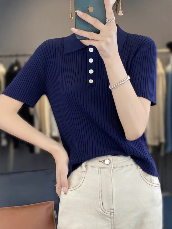 批发夏季上衣女服装t恤polo翻领天丝针织衫薄款显瘦气质百搭短袖|undefined