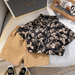 Children's summer new floral suit short-sleeved printed retro shirt boy's summer cardigan fashionable shorts two pieces