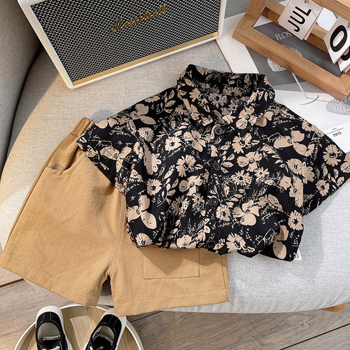Children's summer new floral suit short-sleeved printed retro shirt boy's summer cardigan fashionable shorts two pieces