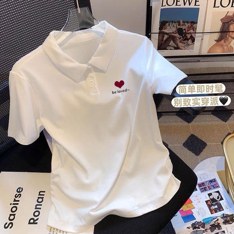 Summer Right Shoulder White Polo Collar T-Shirt Slim Fit Pure Cotton Niche Girls Simple Elegant Top Versatile