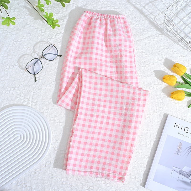 핑크 체크 무늬 바지